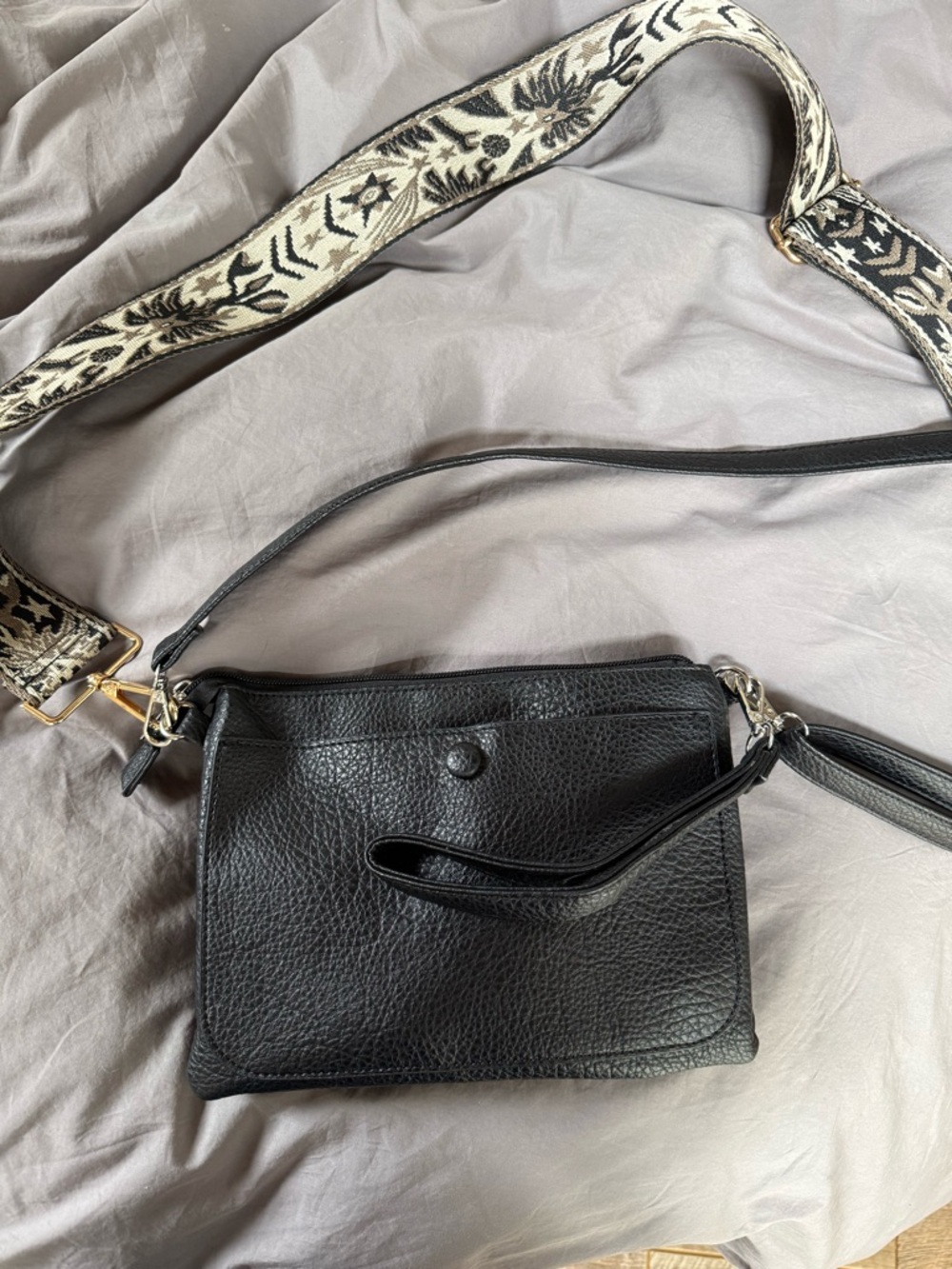 Black Leather Crossbody Bag with Decorative Woven Strap